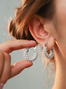 2只简约几何珍珠耳环，U形设计，甜美耳环，适合女性日常佩戴 - 彩色 - 查看 6