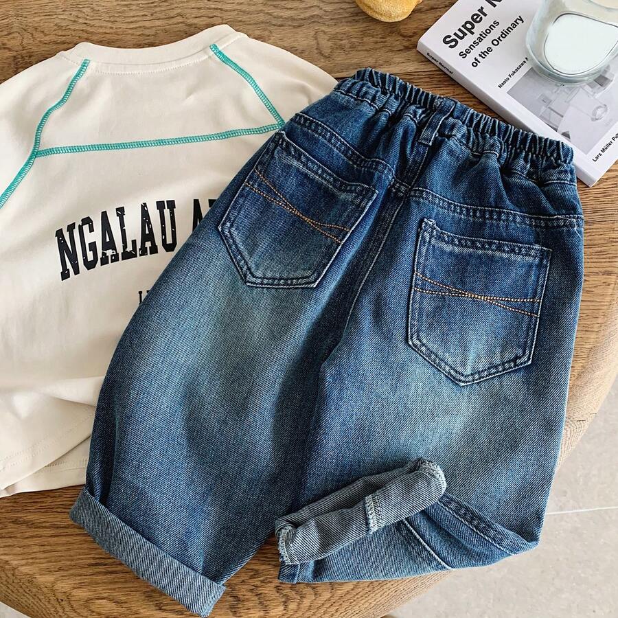 2026 Nuevos Jeans de Primavera para Niños, Jeans Casuales de Moda Personalizados con un Bolsillo Desgastado - Azul - Ver 1