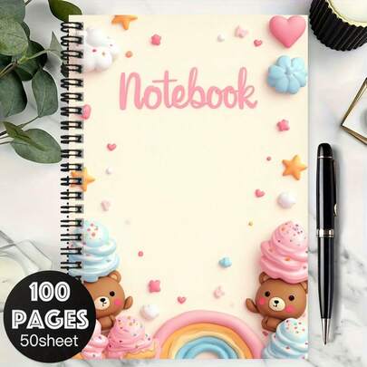 1 Stück süßes Cartoon-Muster Spiralbuch, Cover mit Elementen wie Teddybär, Eis, Regenbogen, super niedlich. 100 Seiten (50 Blatt), angenehmes Schreiben. Geeignet für Arbeitsaufzeichnungen, Studiennotizen, Schulalltag, auch ein sinnvolles Geschenk zu Abschluss, Geburtstag, ideal für Journaling, tägliche Planung, Notizblock!