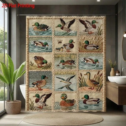 1pc Vintage Duck Print Shower Curtain, Waterproof Polyester Fabric Shower Curtain For Bathroom Decor, Bathtub Divider, Dorm Room, Suitable For Boys And Girls, Available In Multiple Sizes, Romantic, Luxurious, Cozy Bathroom Accessory