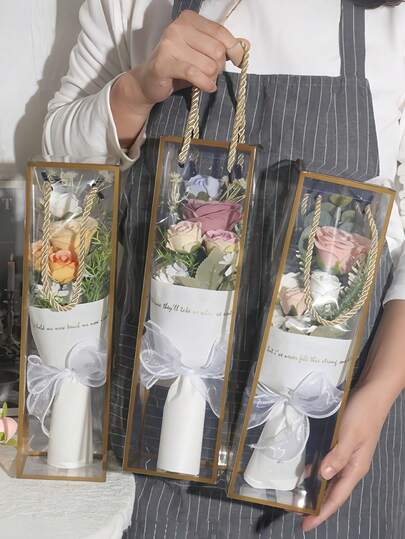 一套仿真花束，带礼盒，手工插花礼品，玫瑰和康乃馨，适合生日、情人节、母亲节、教师节、周年纪念日、婚礼、节日、派对、家居、桌面装饰、摄影道具等场合。