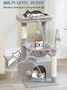 PAWZ Road 33'' Cactus Cat Tree, Cat Tower For Indoor Cats With Large Cat Condo, Cat Scratching Post For Cats With Deep Hammock& Cozy Top Perch, Grey - 灰色 - 查看 2