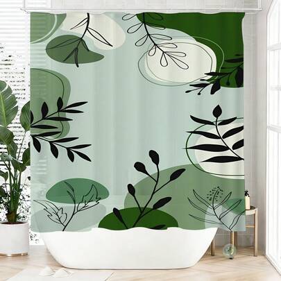 1pc Green Bohemian Style Shower Curtain, Made Of Polyester, Waterproof, Non-Shading, Suitable For Home And Bathroom Decor, Comes With 12 Hooks