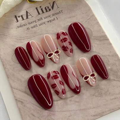 30 piezas de uñas postizas de diseño de lazo con forma de almendra de longitud media, colores mixtos, incluye gel de gelatina y lima de uñas, acabado brillante, decoraciones de arte de uñas para mujeres