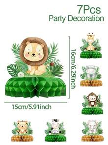 7件套丛林动物主题蜂窝纸装饰品，卡通蜂窝中心装饰，适用于婴儿派对、丛林主题装饰、生日派对装饰、婴儿派对装饰、性别揭晓派对用品、一周岁生日派对背景蜂窝装饰、婴儿派对回礼、派对用品 - 卡通動物 - 查看 3