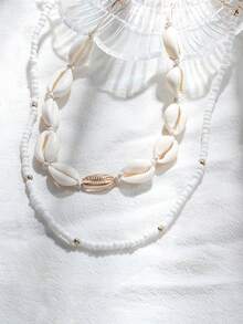 Hihho 3入組時尚簡約風波西米亞風格貝殼&串珠編織鎖骨鏈條套裝適合女士,海灘旅行裝飾用品 - 金黃色 - 查看 4