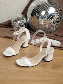 女士新款厚底露趾凉鞋，性感百搭连衣裙鞋，白色珍珠链系带性感凉鞋 - 白色 - 查看 8