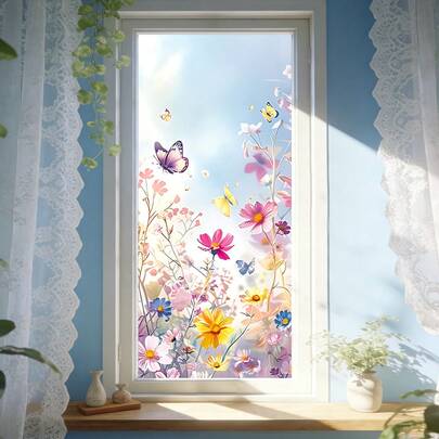 1pc Sheet Of Frosted Semi-Transparent Electrostatic Window Film With Lotus And Butterfly Pattern. Removable Vinyl Material. Suitable For Bedrooms, Bathrooms, And Other Interior Home Decor.