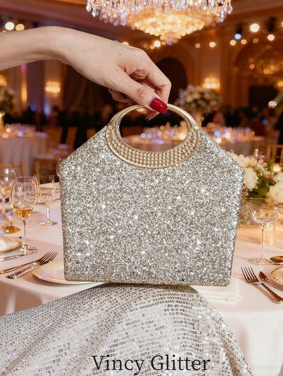 Glittering Sequin & Rhinestone Decor Handbag, Perfect For Evening Party, Gala, Wedding, Versatile Fashion Clutch
