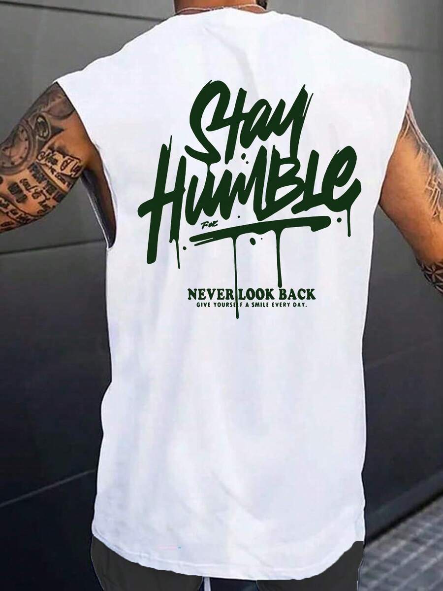 FRACTYR Men's Casual English Letter Street Style Sleeveless T-Shirt, Daily Fashion Versatile - White - View 1