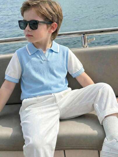Toddler Boys' Cute Colorblock Polo Collar Short Sleeve Lightweight Knit Pullover Casual Top, Versatile For Spring, Summer, Early Autumn