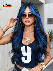 Ava WIGS 26英寸双色蓝黑长波浪假发，带刘海，耐热无蕾丝，适合女性。黑蓝混色长波浪假发，适合日常、派对、角色扮演、万圣节礼物。 - 挑染藍色 - 查看 1