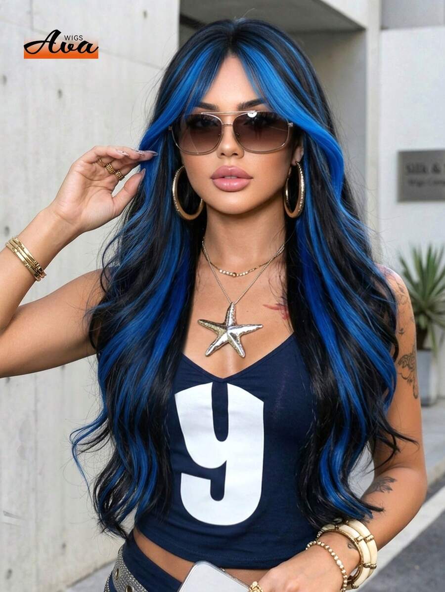 Ava WIGS 26英寸双色蓝黑长波浪假发，带刘海，耐热无蕾丝，适合女性。黑蓝混色长波浪假发，适合日常、派对、角色扮演、万圣节礼物。 - 挑染藍色 - 查看 1