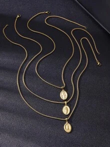 18K Gold Plated Silver Tone Guadalupe Virgin Mary Oval Pendant Necklace For Men Women 316L Stainless Steel Virgin Mary Box Chain Necklace - Gold - View 2