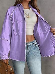 Plus Size Women's Loose Fit Pink Jacket With Raglan Sleeves And Tassel Trim, Suitable For Spring And Autumn Casual - Purple - View 4