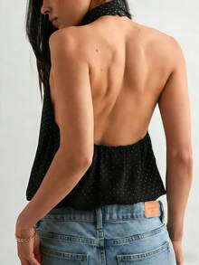 Fashionable Women's Sleeveless Halter Neck Polka Dot Blouse, Casual And Cute Woven Top For Everyday Wear - 黑色波點 - 查看 2