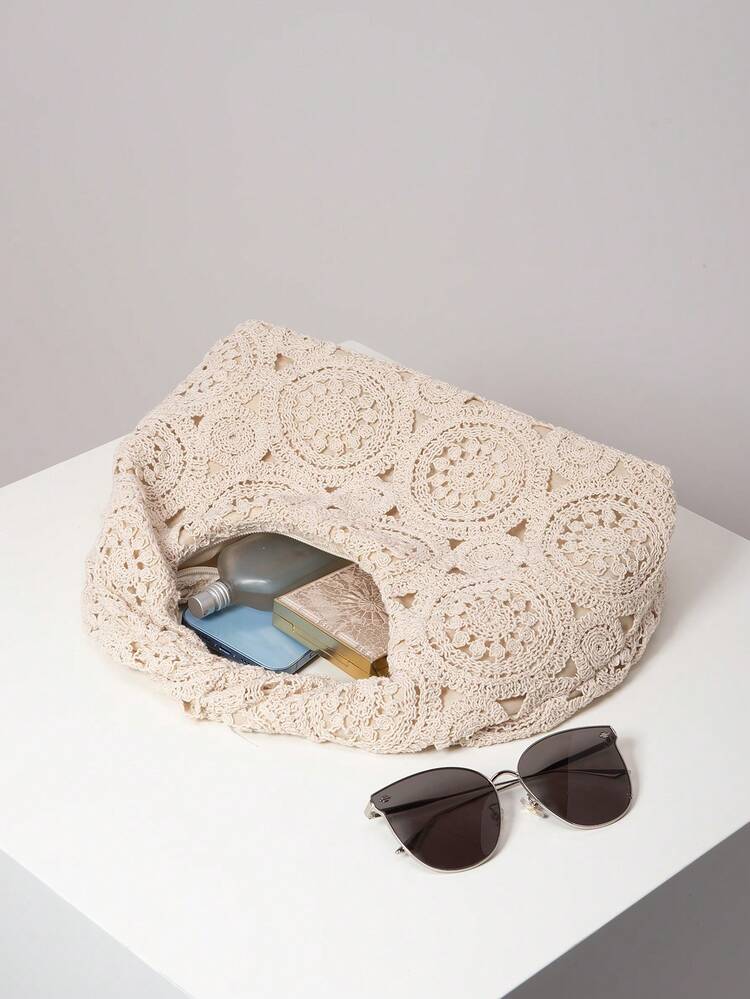 Floral Bohemian Style Summer Beach Bag, Essential For Travel And Cruise, Women's Vacation Outfit, Crochet Set, Elegant Ladies Wallet, Gift For Women (Pattern Random) - Apricot - View 6