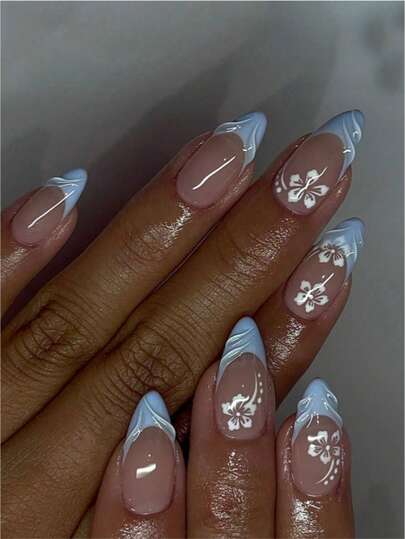 Minimalism Cute White Flower Green Rim 3D French Minimalist Sweet 24pcs Medium-Length Almond Shaped Artificial Nail Tips Nail Art Set, Suitable For Office Ladies, Daily Wear, Dates, Afternoon Tea, Outings