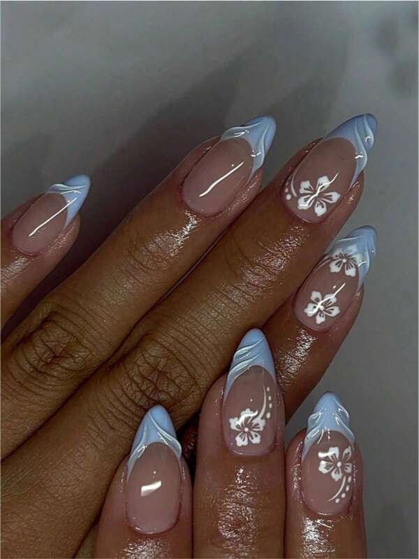 Minimalism Cute White Flower Green Rim 3D French Minimalist Sweet 24pcs Medium-Length Almond Shaped Artificial Nail Tips Nail Art Set, Suitable For Office Ladies, Daily Wear, Dates, Afternoon Tea, Outings