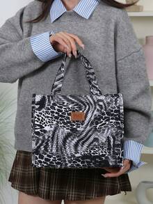 New Nylon Snake Skin Print Large Capacity Portable Insulated Lunch Box With Zipper, Half-Closed Design, Suitable For Work Commute - Grey - View 9