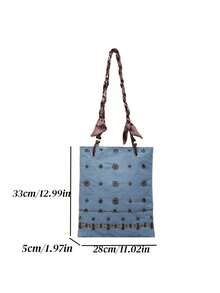 Women's Denim Tote Bag, Large Capacity Shoulder Bag, Vacation Scarf, Blue - Blue - View 7
