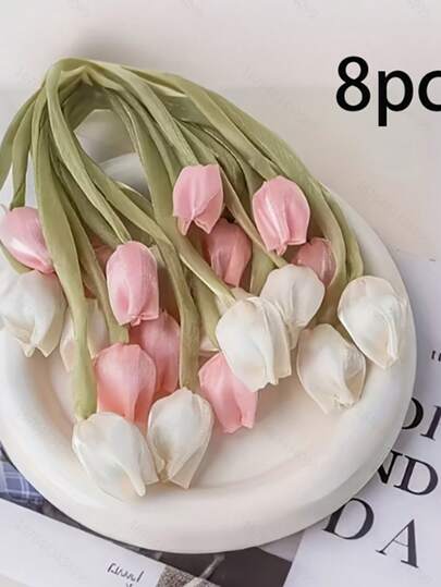 8 件装优雅郁金香窗帘绑带 - 经典花园风格涤纶纤维绑带，粉色花朵搭配绿色叶子，精致的家居装饰窗帘配件，深受 DIY 爱好者喜爱，阳光下闪闪发光的仿真郁金香