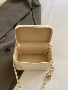 Women Quilted Diamond Pattern Box Bag Top Handle Handbag Elegant Shoulder Bag - Beige - View 8