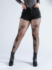 1pc Women's Fishnet Tights With Embroidered Rose Pattern, Versatile Black Y2k Stockings High Stretch Floral Pattern Mesh Pantyhose With Elastic Waistband, Gothic Style Sheer Stockings For Party, Punk & Daily Streetwear, Soft Durable Fishnet Leggings To Match Shorts, Skirts & Boots, Fashion Statement Hosiery - 彩色 - 查看 2