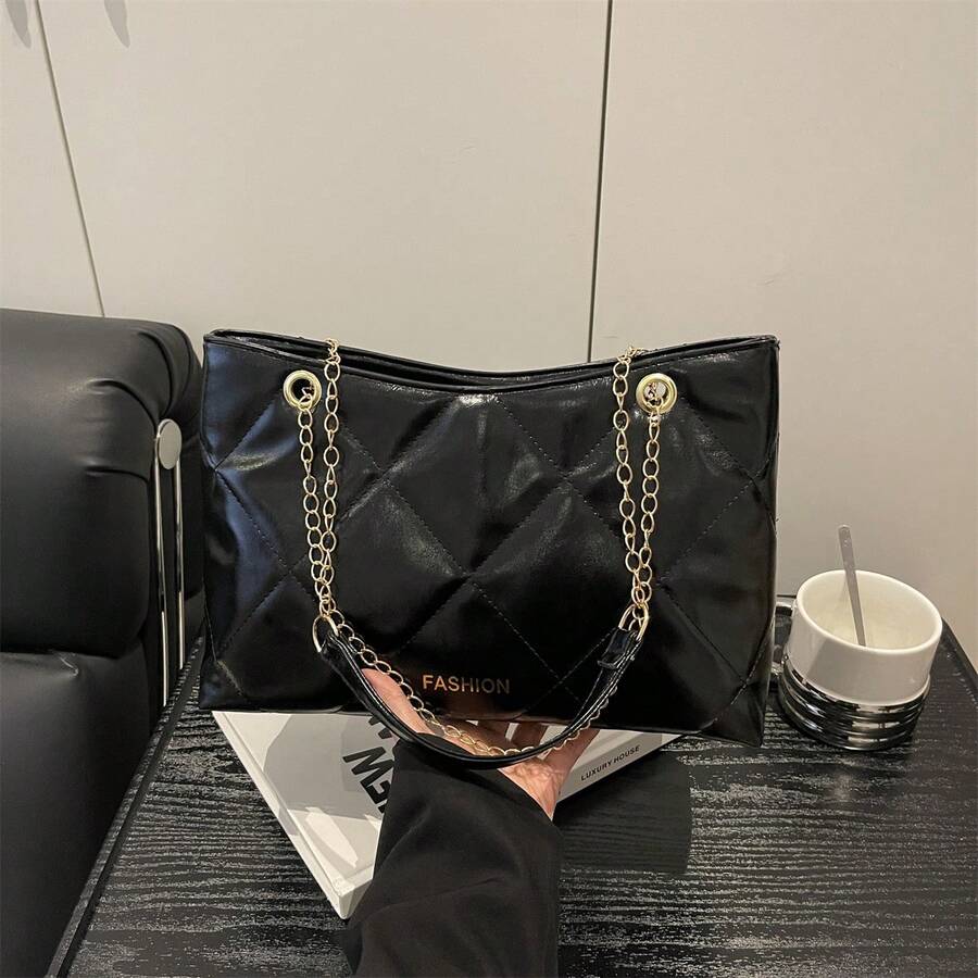 1件装优雅绗缝仿皮女士手提包，大容量单肩斜挎包，拉链封口，涤纶衬里，适合各种场合 - 彩色 - 查看 1