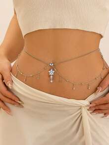 1 chiếc dây đeo rốn hình hoa, giọt nước, bướm đính đá Zirconia bằng đồng, dây đeo eo tua rua đính đá lấp lánh gợi cảm kiểu bãi biển, thích hợp để đeo hàng ngày. - Bạc - Xem 3