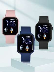 6 piezas/Set Reloj electrónico deportivo con pantalla digital y patrón de cohete de dibujos animados lindo para niños y niñas, múltiples opciones de color, adecuado para uso diario y fiestas - Multicolor - Ver 4