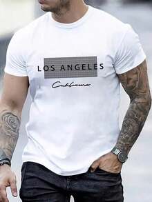 Camiseta casual ajustada de cuello redondo de manga corta con estampado de letras para hombre, ideal para el día a día - Blanco - Ver 8