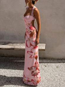 优雅浪漫性感休闲度假约会碎花蕾丝连衣裙，夏季连衣裙，女士优雅连衣裙，休闲长裙，夏季度假装扮，碎花连衣裙 - 粉色 - 查看 5