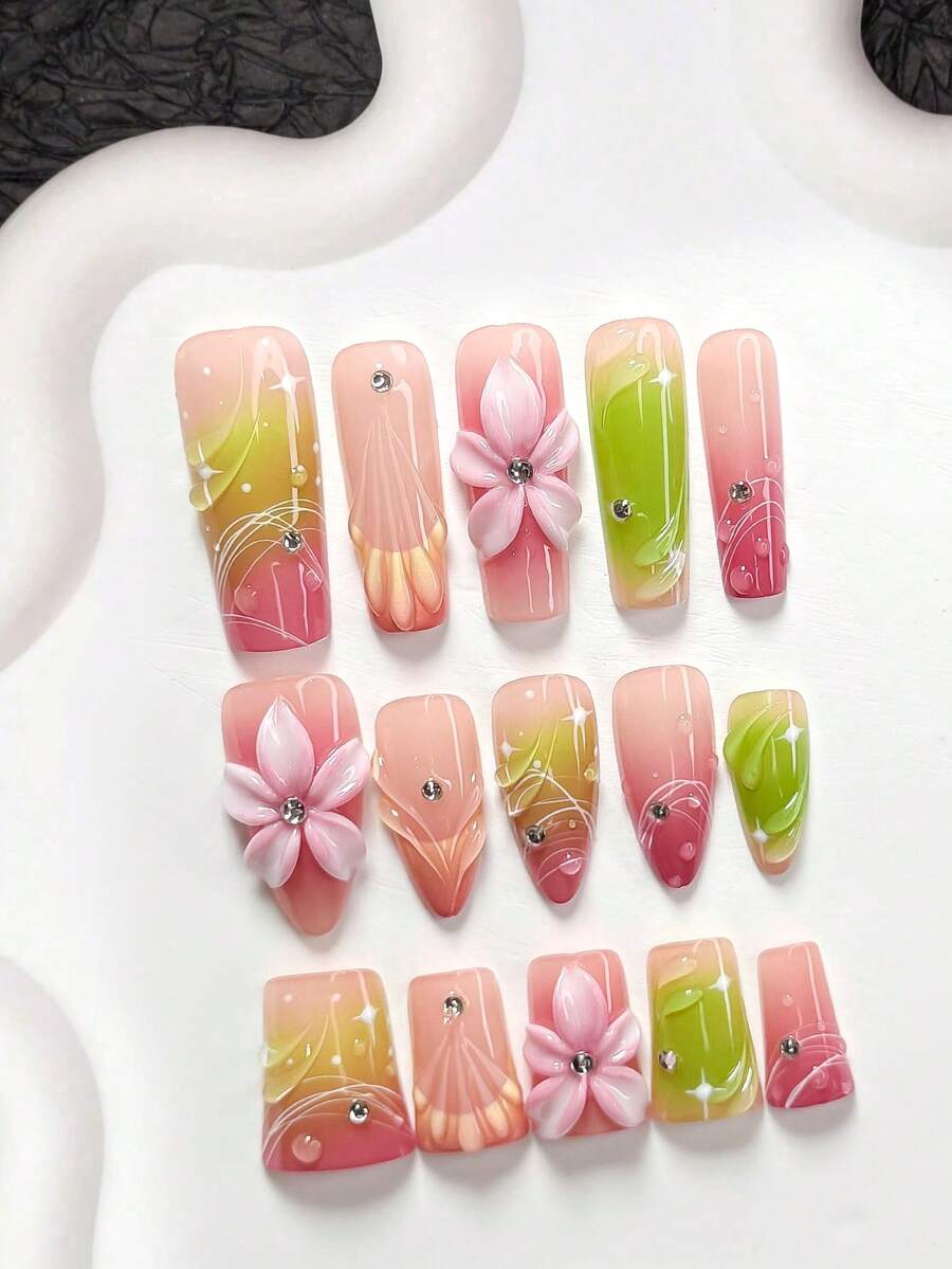 10pcs French Style Acrylic Nail Art Set, Including Solid Color, Water Wave, Raindrop, White Edge Outline French Tip, 5-Petal Pink Flower, Shell Pattern Nail Stickers, Pink Nail Polish, Summer Holiday Nails, With Nail File (1 Jelly Sticker + 1 Nail File), 3 Sizes Available: Almond, Duck Mouth, Coffin - Nhiều màu - Xem 1