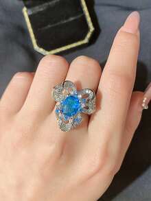 创意镂空花朵蓝色几何可调节戒指，日常佩戴及送礼佳品，女士珠宝 - 白色 - 查看 2