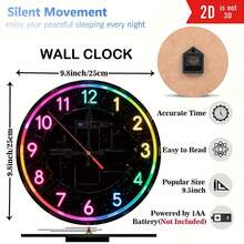 12inch And Modern 12inch /12inch / 10inch Neon Light Wall Clock (With Numbers)--Neon LED Light, Silent And Battery-Powered, Artificial Wood Round Clock, Suitable For Home, Room, Office Decoration--Decorative Timepiece, 2D Flat Design - Nhiều màu - Xem 2