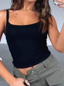 Vaiaye 女士时尚内衣风上衣，春夏圆领修身休闲度假性感吊带背心，无袖吊带T恤，适合日常穿着、办公室通勤，黑色 - 黑色 - 查看 4
