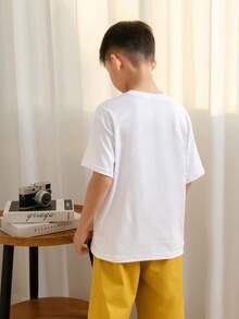 Camiseta de manga corta de cuello redondo con estampado informal para niños preadolescentes, top de verano - Blanco - Ver 3