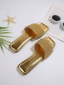 Dép lê đế bằng mũi vuông đính pha lê kiểu Pháp mới năm 2026, kiểu dáng thanh lịch, phù hợp với váy, thích hợp cho mùa xuân/hè/thu. - Vàng - Xem 7