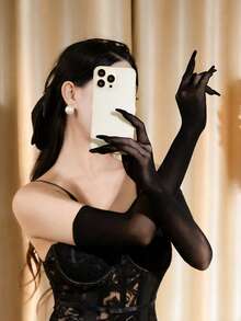 Party Solid Long Gloves Halloween Summer - Black - View 1