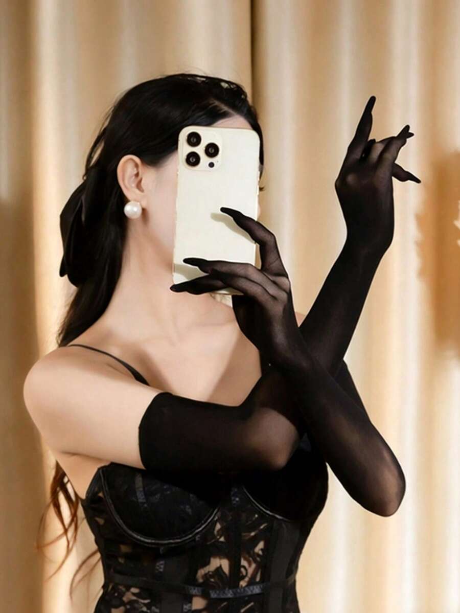 Party Solid Long Gloves Halloween Summer - Black - View 1