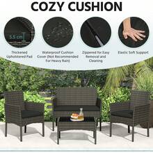 4 Pieces Outdoor Patio Conversation Set, PE Rattan Wicker Sofa Set With Soft Cushion And Tempered Glass Table - Grey - View 4