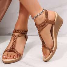 Walking Beach Shoes For Women Dressy Braided Strappy Open Toe Wedges Sandals Summer Comfortable Bohemian Elastic Ankle Strap Platform - 棕色 - 查看 7