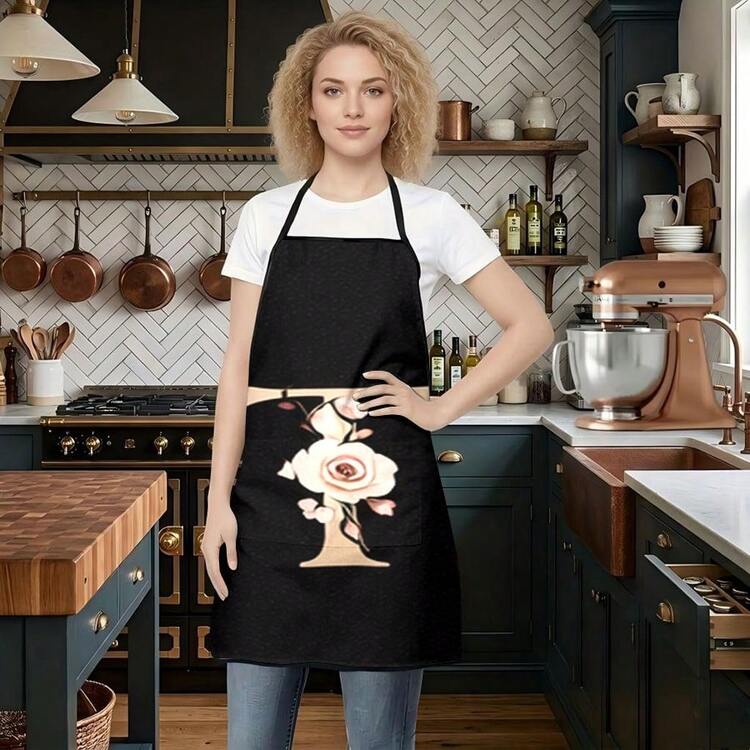 1pc Women's Fashion Floral Pattern C-Letter Design Kitchen Baking Cooking Apron, Elegant Minimalist Home Cleaning Protective Apron - C - View 18