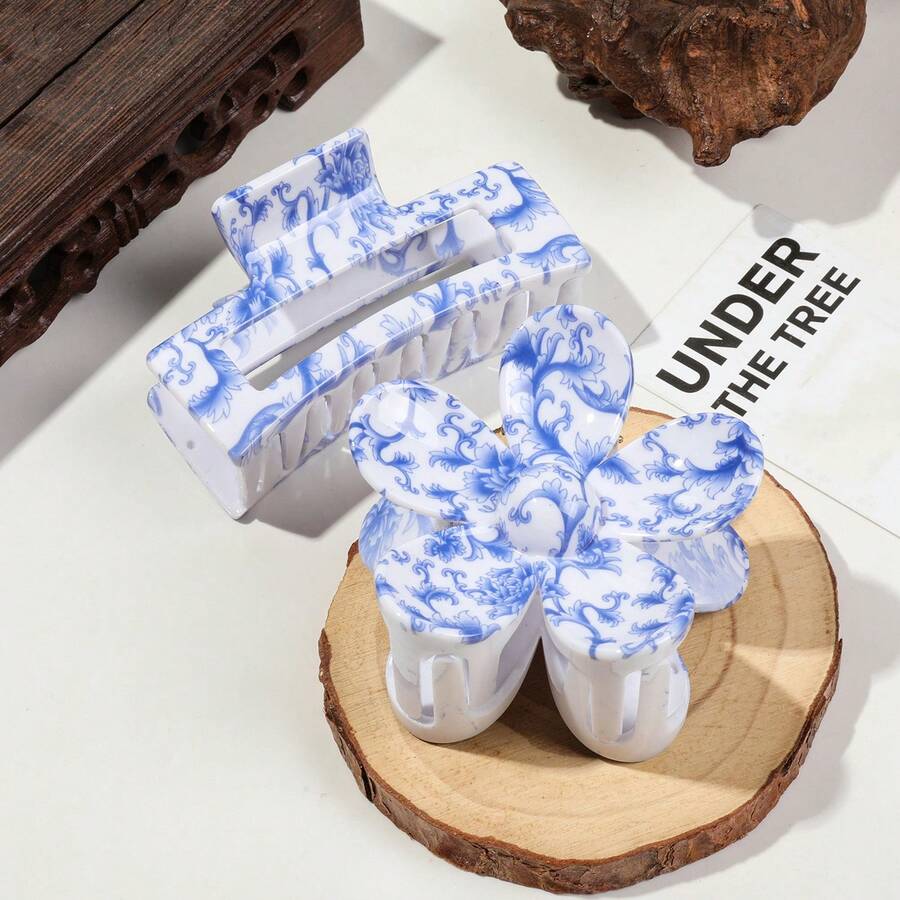 2-Piece ABS Boho Sweet Sea Turtle, Shell, Starfish, Plumeria Large Square Combo Hair Claws Beach Seaside Hair Accessories Spring/Summer Fashion Hair Accessories Elegant Hair Clip For Women Claw Clips For Autumn/Winter Floral Designs For Holiday Outfits Women'S Accessories - 彩色 - 查看 1