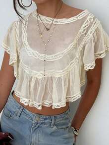 Women's Sheer Mesh Cropped Cover-Up Off Shoulder Guipure Lace Batwing Half Sleeve Tops - Blanco marfil - Ver 3