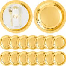 100/50/25/10/5 قطعة أطباق ورقية ذهبية، أطباق سلطة، أطباق حلوى، صواني حفلات، أطباق كبيرة قطر 9 بوصة وأطباق صغيرة قطر 7 بوصة متوفرة - للكيك والحلويات والسلطات والبرغر والسندويشات والمقبلات والتقديم، مناسبة لحفلات عيد الميلاد والأعراس وعيد الفصح والتخرج والمناسبات والعطلات وعيد الشكر وعيد الحب وعيد الأم وعيد الميلاد والتناول في الحديقة الخارجية (أطباق وصواني وأدوات مائدة) - متعدد الألوان - مشاهدة 10