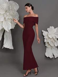露肩针织绷带紧身连衣裙，欧美奢华修身铅笔裙，适合家庭聚会、派对、晚宴、春季婚礼派对等场合。 - 酒紅色 - 查看 5