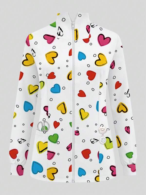 cimmuovere Colorful Heart Print Zipper Front Collar Long Sleeve Scrubs Jacket With Pockets, Nurse Workwear For Healthcare, Dentist, Pet Hospital, Laboratory White Spring