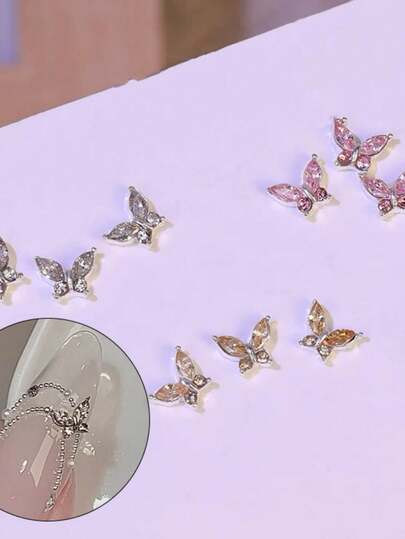 10/20Pcs Mini Metal Butterfly Nail Charms, 3D Shiny Pink Champagne White Crystal Rhinestone Nail Gems, Luxury Butterfly Nail Art Decorations For Acrylic & Short Nails DIY Jewelry Making Supplies